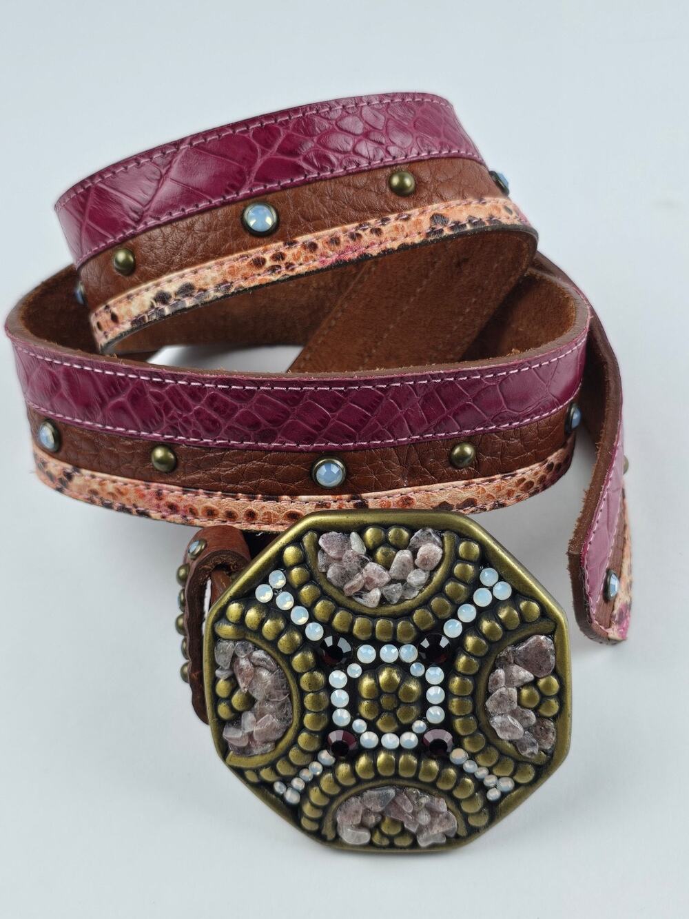 Leatherock Women's 36 triple Leather Pink Brown & Snakeskin Large Jeweled Buckle
